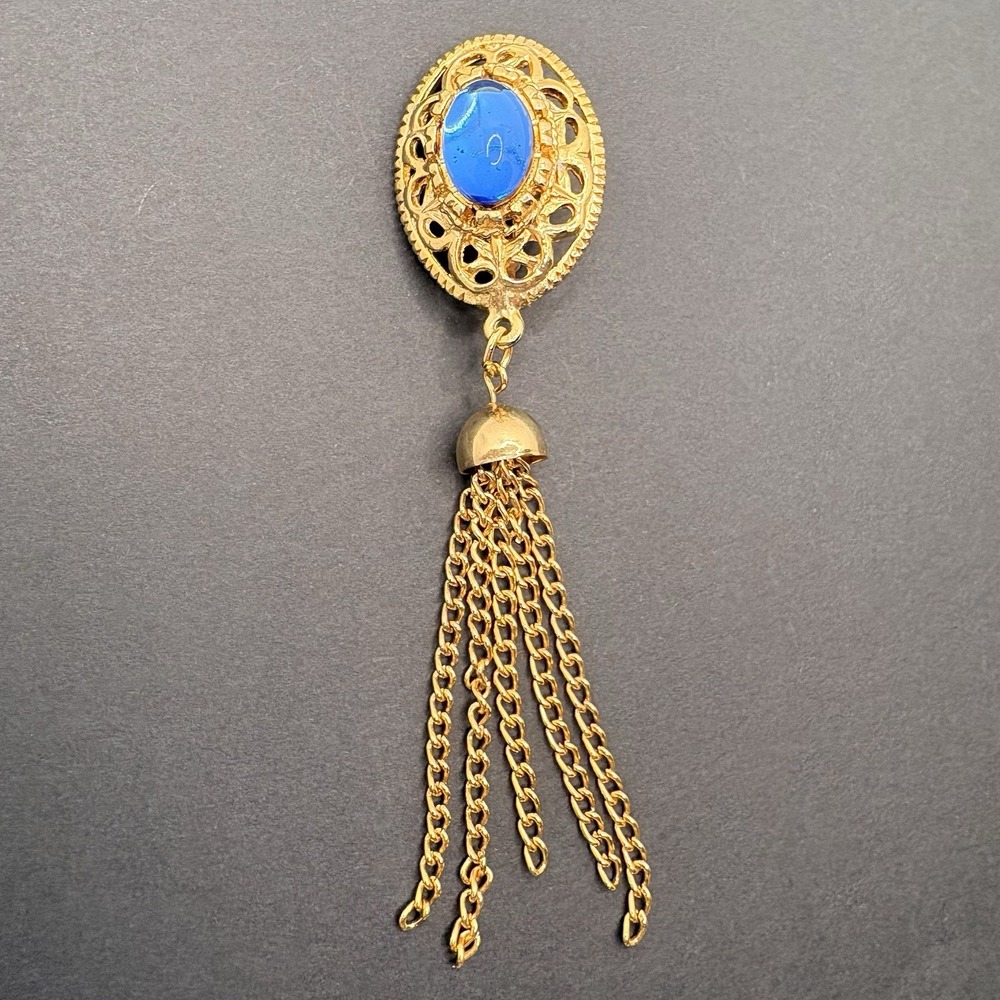 Vintage Blue Glass Cabochon Brooch w/ Chain‎ Tassels Gold Tone Filigree 80s Glam